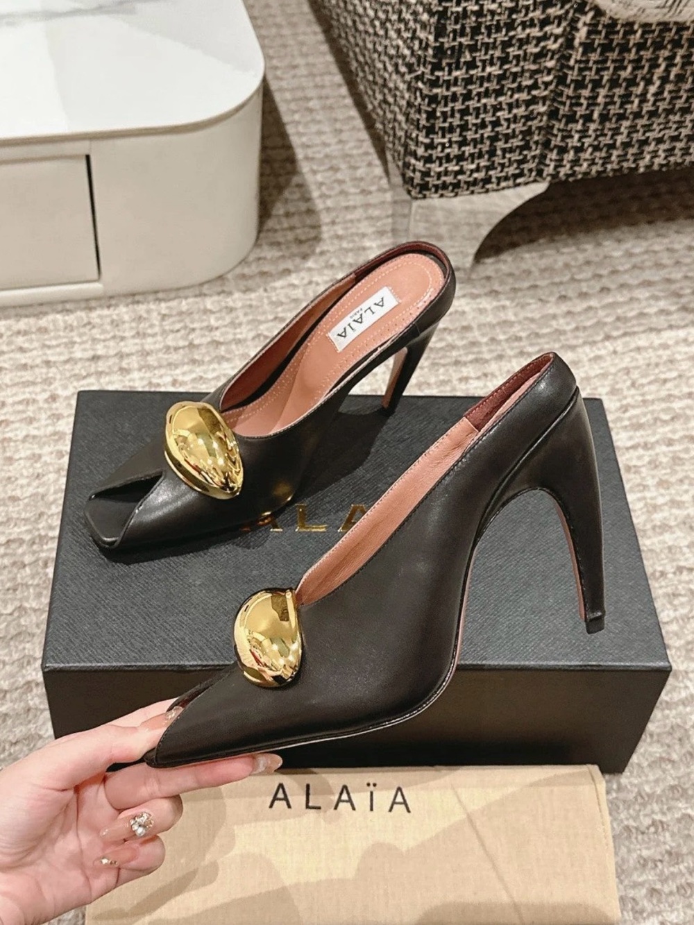 Black Leather Peep-Toe Heels with Gold Accent
